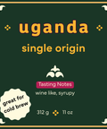 Uganda single origin coffee label with tasting notes and brewing information on a green background.