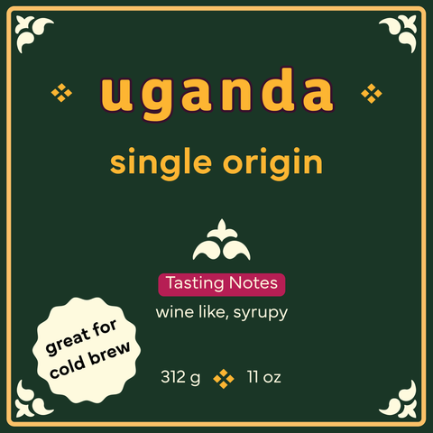 Uganda single origin coffee label with tasting notes and brewing information on a green background.