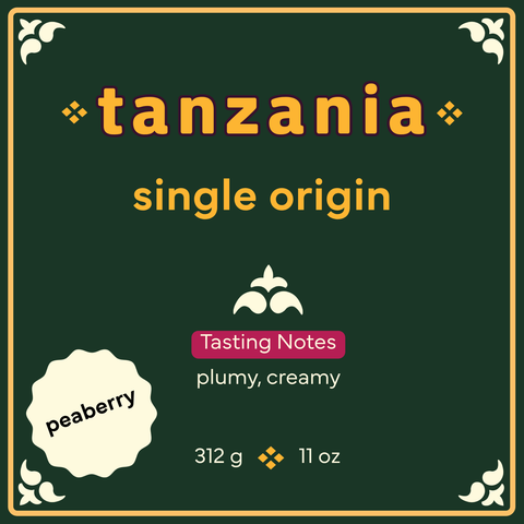 square coffee bag label with 'tanzania single origin' text and peaberry description on a green background with yellow and white text